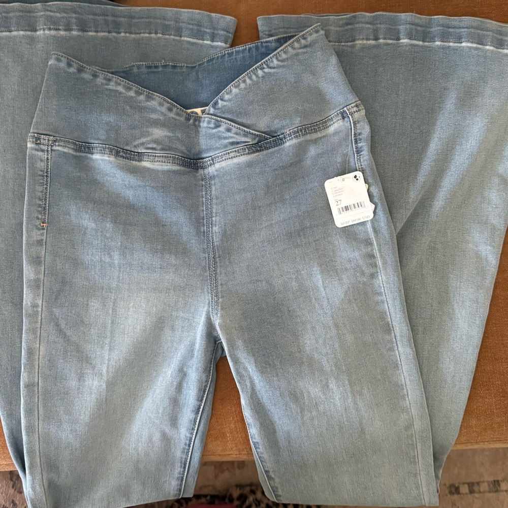 Free People Light Wash V-Waist Flare Jeans